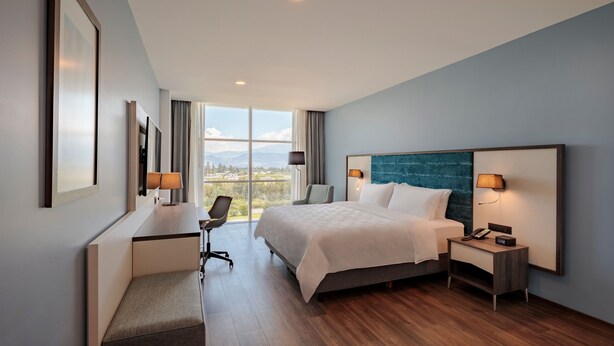Une chambre d’hôtel moderne dotée d’un grand lit, d’un bureau, d’une chaise et offrant une vue sur l’extérieur.
