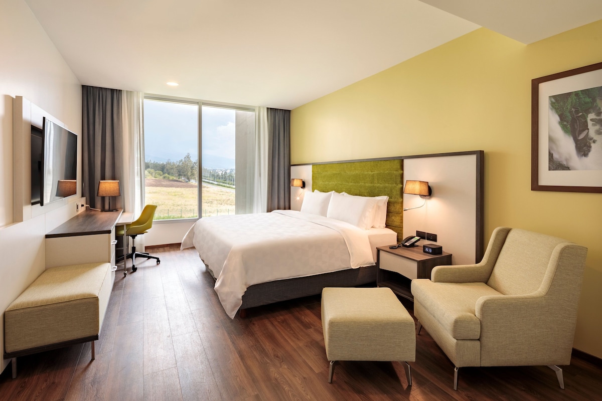 Ein Hotelzimmer mit Bett, Schreibtisch, Stuhl und einer Couch.