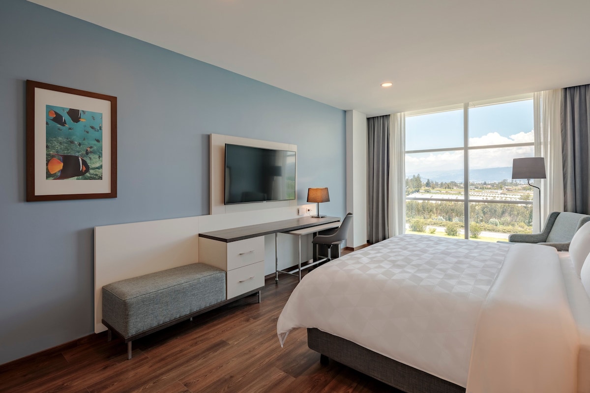 Ein Hotelzimmer mit Bett, Schreibtisch, Stuhl und Fernseher.