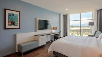 Una habitación de hotel con cama, escritorio, silla y televisión.