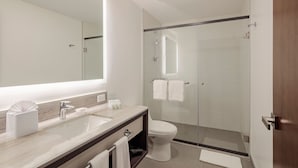 Une salle de bain moderne avec un grand miroir, un lavabo, des toilettes et une douche à parois de verre.