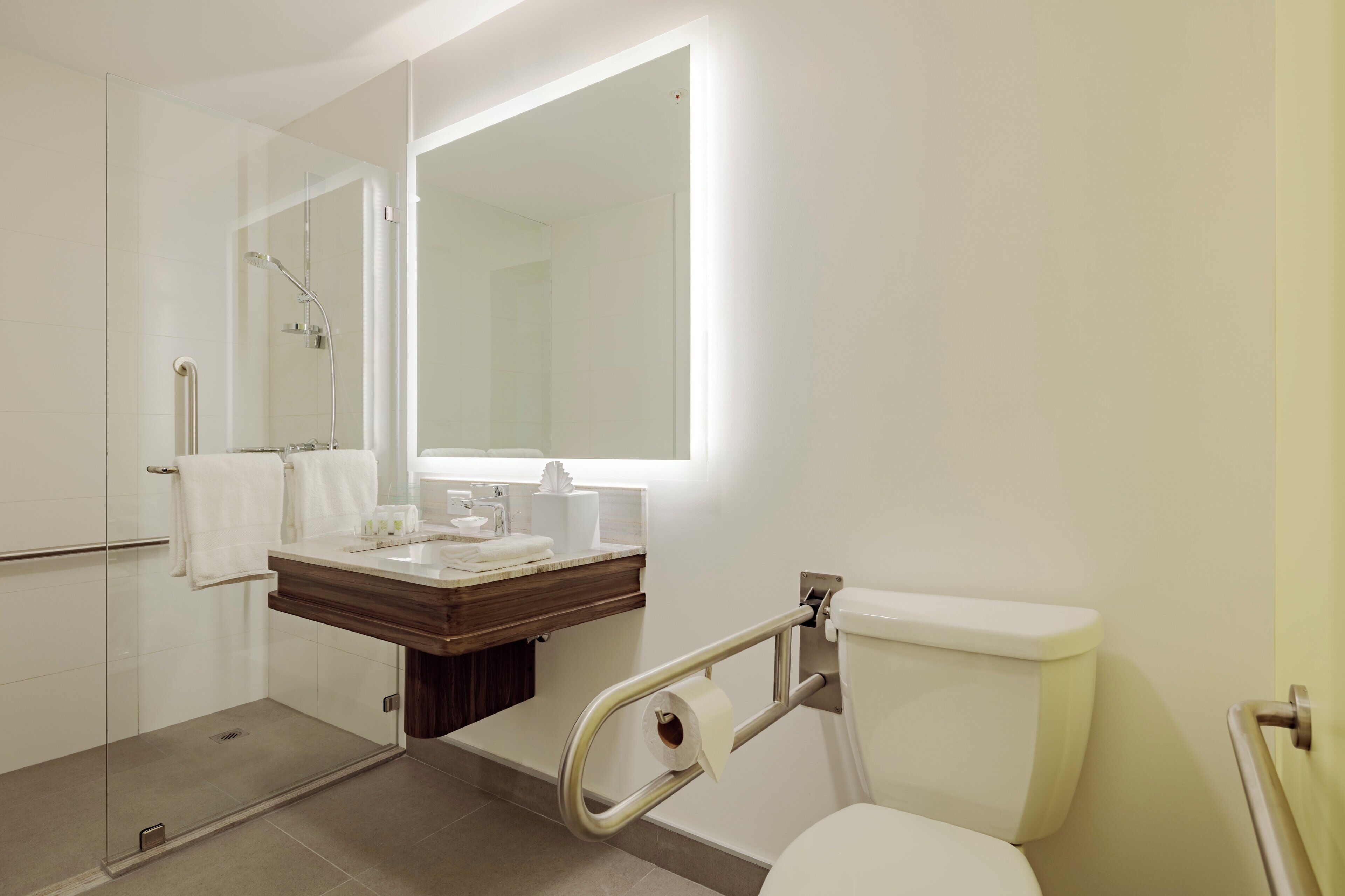 A modern bathroom with a glass shower enclosure, a vanity with a mirror, and a toilet with a grab bar.