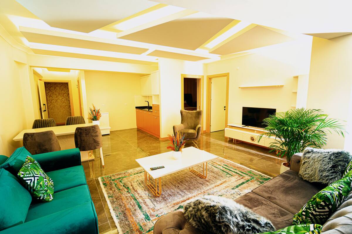 A living room with a sofa, a coffee table, and a TV. There is a dining area with chairs and a table.