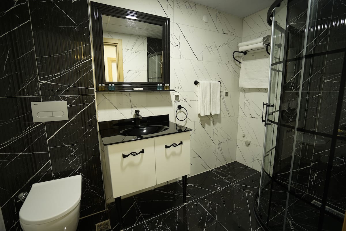 shower, rainfall showerhead, free toiletries, hair dryer