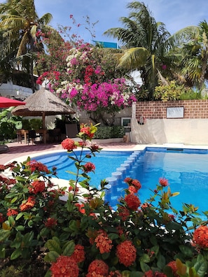 A pool area with a thatched umbrella, surrounded by lush greenery and flowering plants.