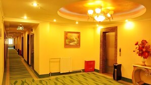A hotel hallway with a green patterned carpet, a painting on the wall, a radiator, a red trash bin, an elevator, and a vase with flowers on a table. - Greentree Inn Beijing Changping Shahe Metro Station Express Hotel (Changping)