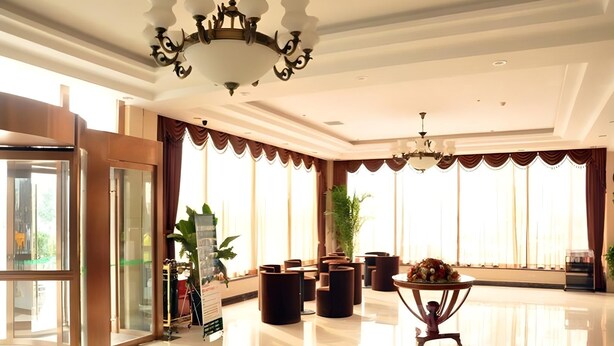 A spacious lobby with a polished floor, large windows with curtains, and a chandelier. - Greentree Inn Beijing Changping Shahe Metro Station Express Hotel (Changping)