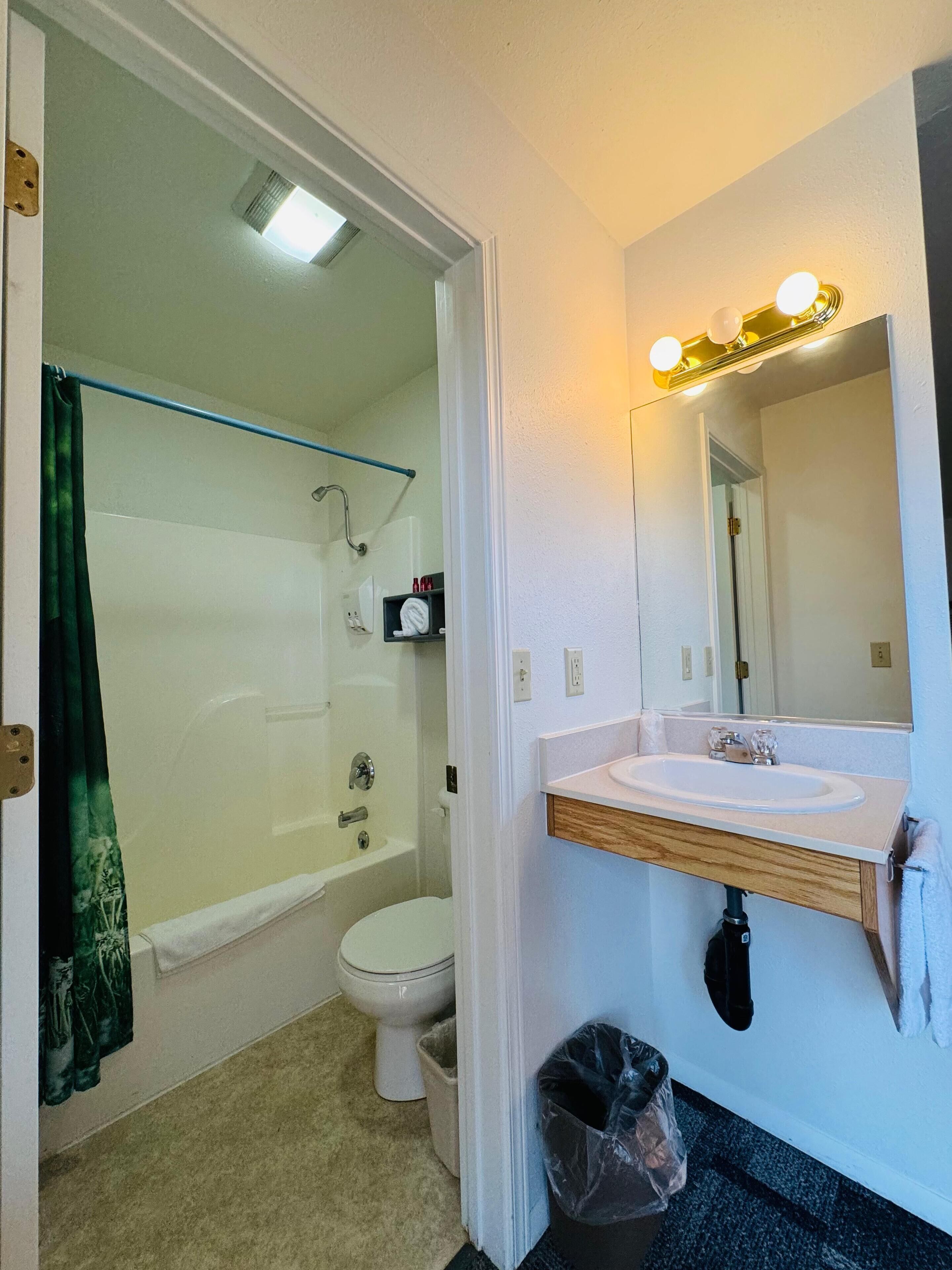 A bathroom with a shower, toilet, and sink.