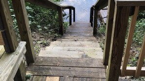 A wooden staircase leading to a dock over a calm body of water, surrounded by trees.