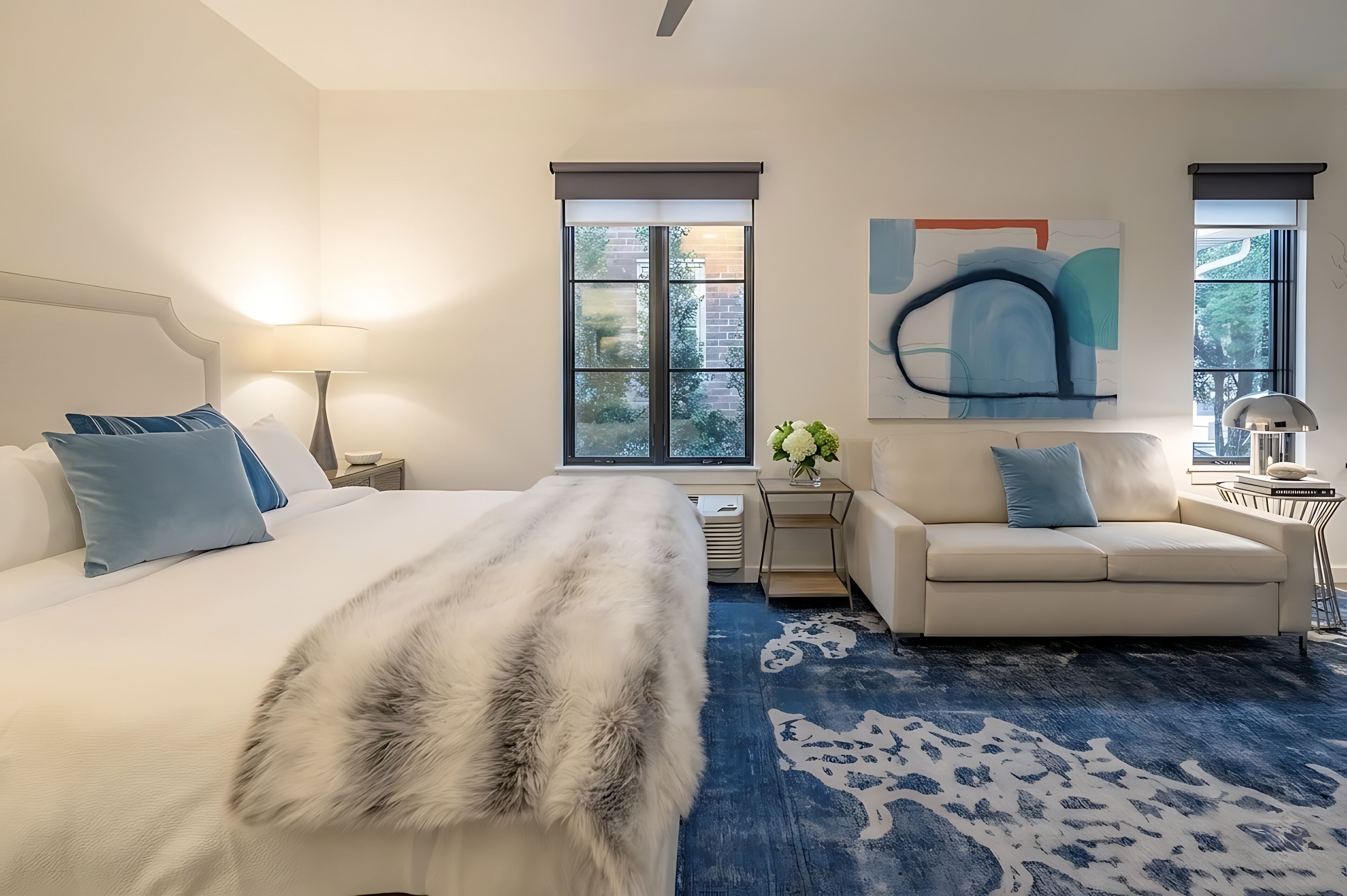 Een hotelkamer met een bed, een slaapbank, een groot raam, een schilderij en een kamerbreed tapijt.