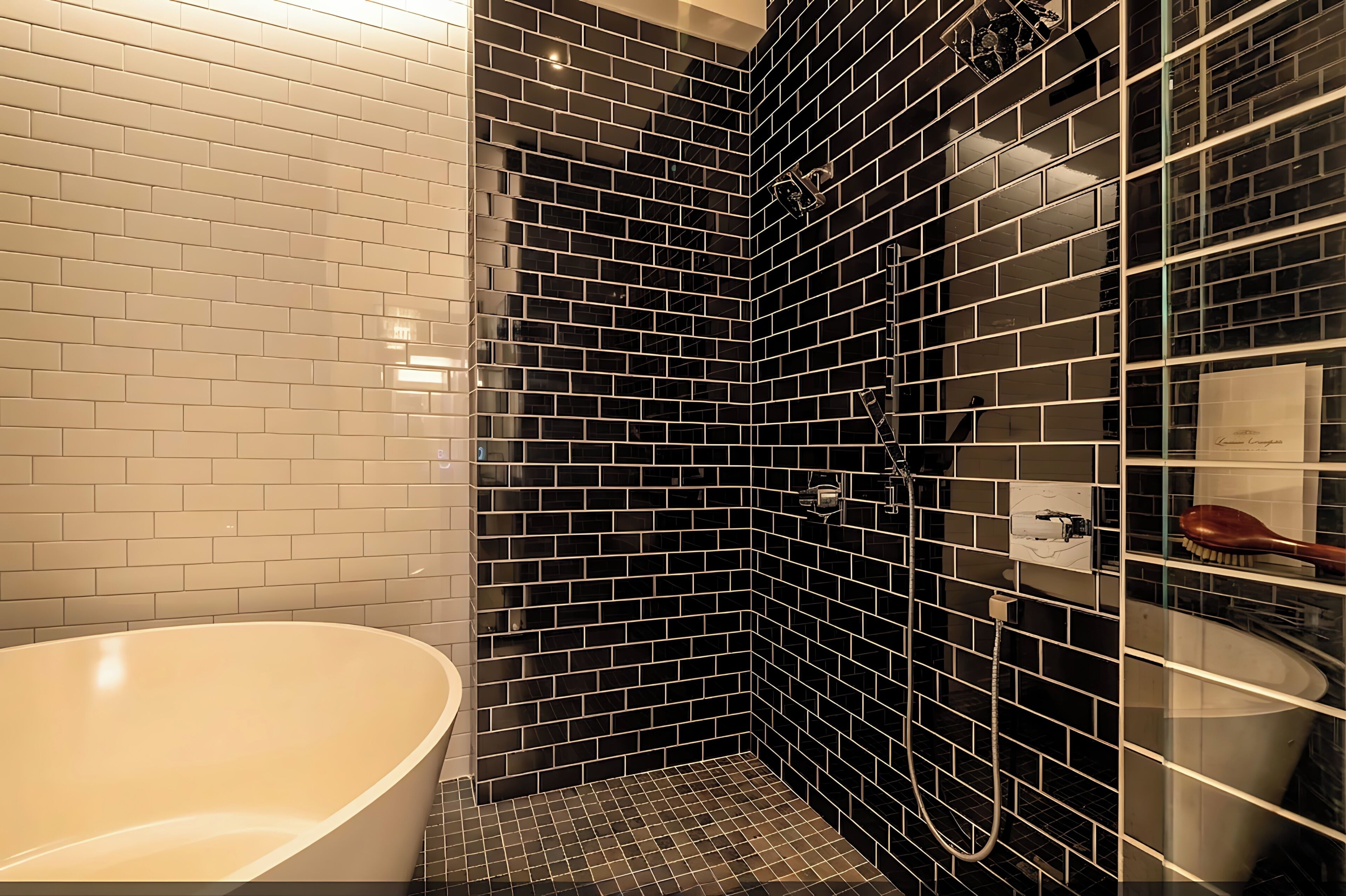A bathroom with a freestanding bathtub, a shower area with black tiles, and a white tiled wall.
