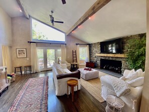 TV, fireplace, DVD player, books