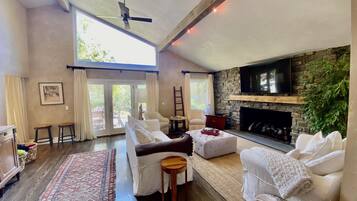 TV, fireplace, DVD player, books