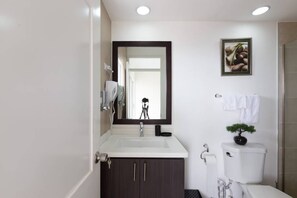 Hair dryer, towels, soap, shampoo