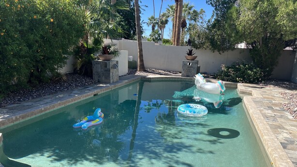 Ein Schwimmbecken mit einer gefliesten Kante, umgeben von einer Steingrenze und einem kleinen Gartenbereich mit Pflanzen sowie einer dekorativen Pferdetransportkarre.