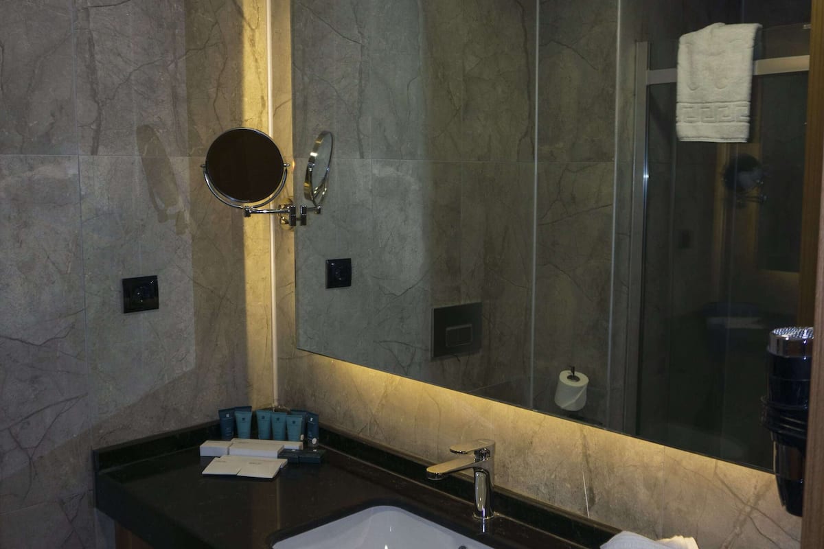 shower, rainfall showerhead, free toiletries, hair dryer