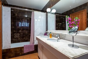 Combined shower/tub, hair dryer, bidet, towels