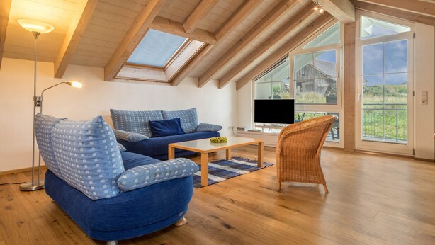 Un salon moderne avec un canapé bleu, un fauteuil en osier, une table basse et un téléviseur.