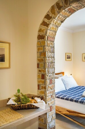 Elite Studio Suite (2) | Living area | 32-inch plasma TV with satellite channels, TV, books - Olive Studios (Karpathos)