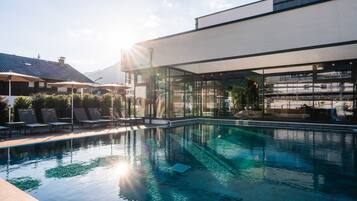 Indoor pool, outdoor pool, pool loungers