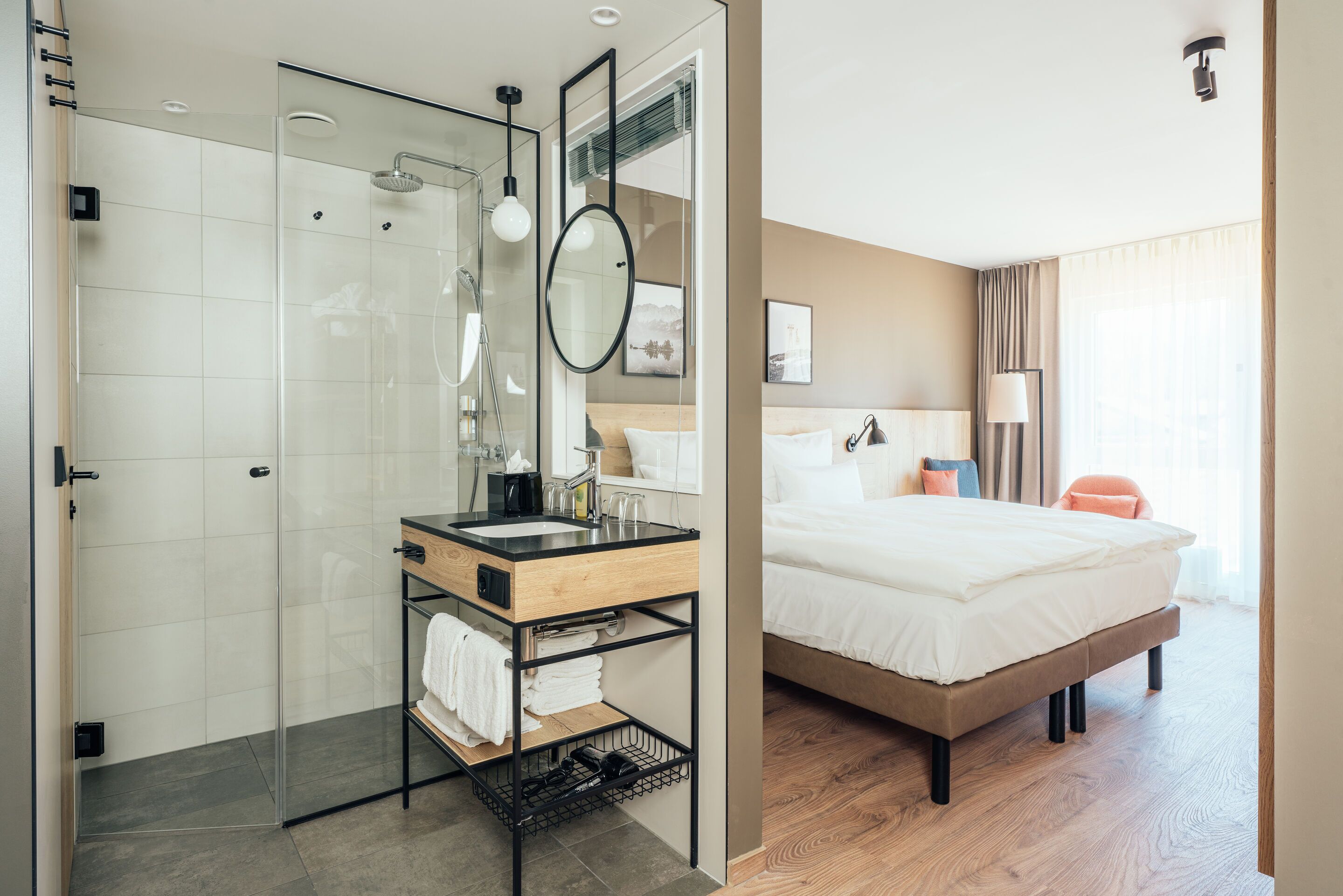 double room, mountain view | bathroom | shower, hair dryer, bathrobes, towels