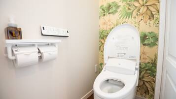 A toilet with a flush handle, a toilet paper holder, and a wall-mounted electrical outlet.