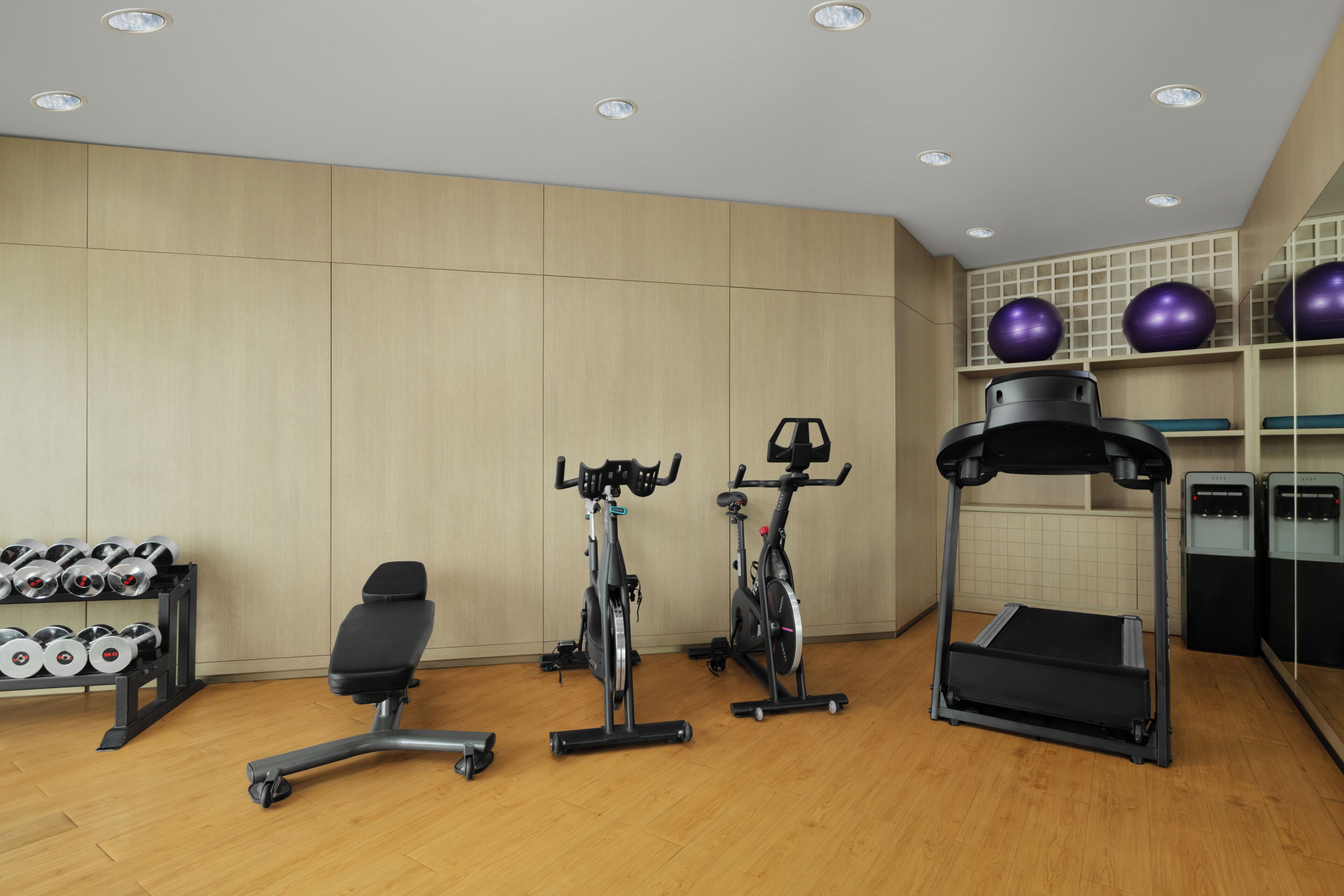 A gym with exercise equipment, a bench, and a rack of dumbbells.