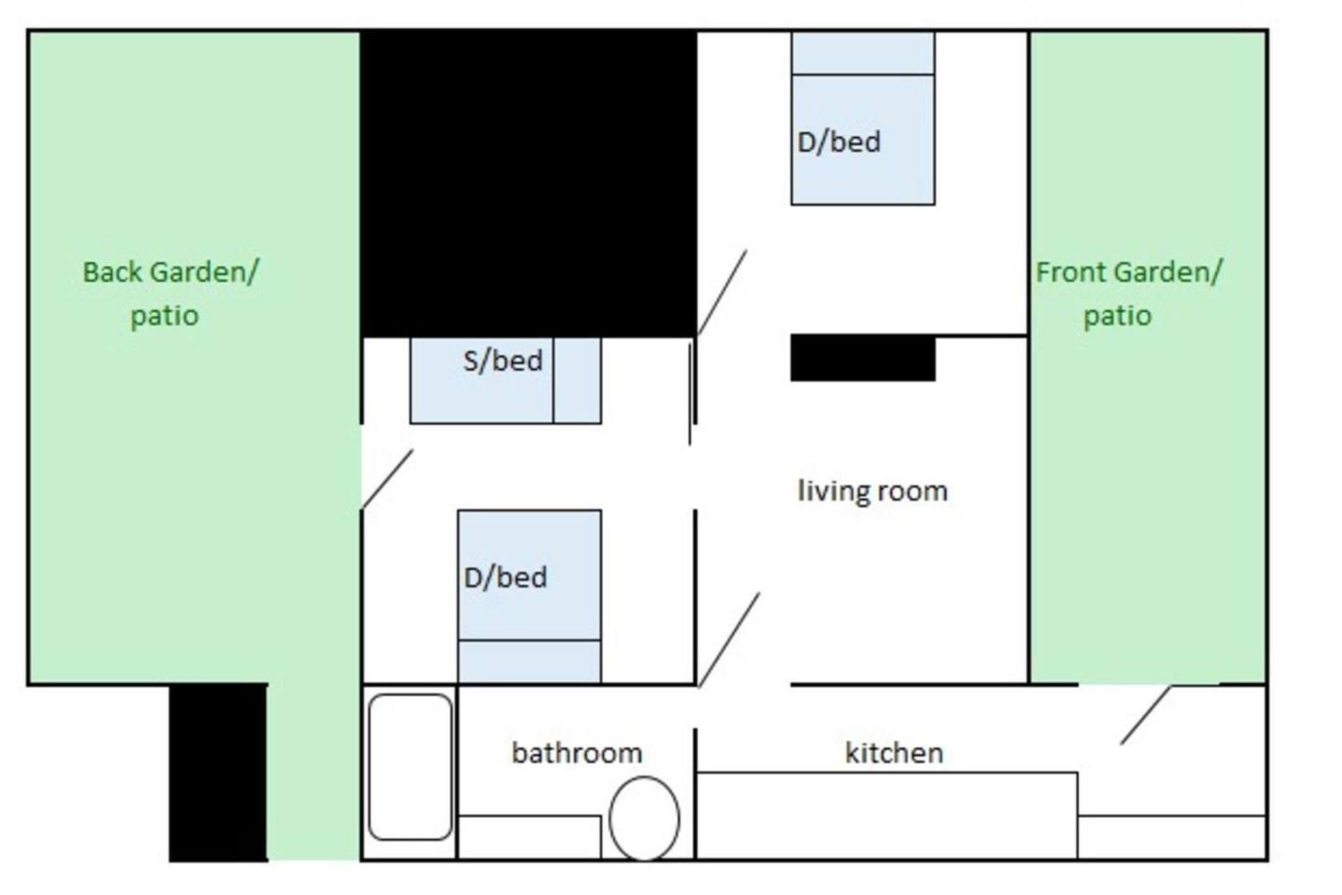 Pianta degli ambienti con un soggiorno, due camere da letto, un bagno e una cucina.
