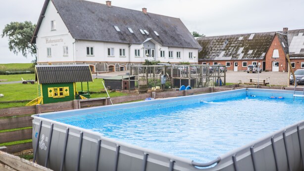Een zwembad met houten terras, een wit gebouw met schuin dak en een kleine groene constructie op de achtergrond.