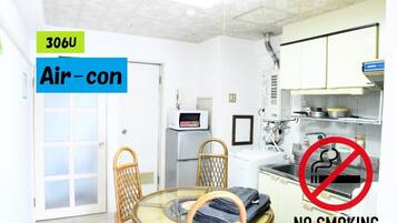 Fridge, microwave, stovetop, cookware/dishes/utensils