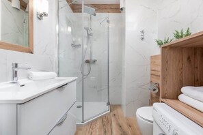 Ducha, secador de pelo, toallas, shampoo