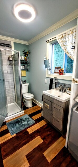 Shower, hair dryer, towels, toilet paper