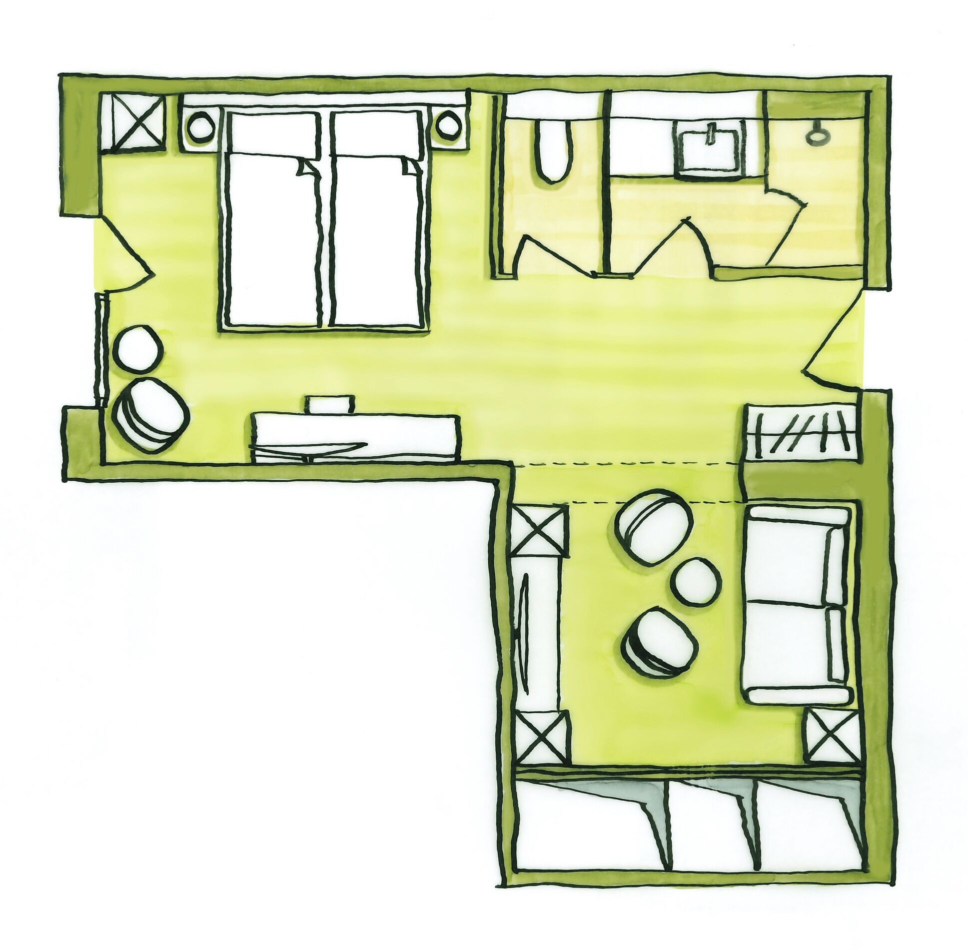 Plano de planta que muestra una cocina, comedor y dos dormitorios.