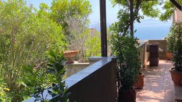 Un balcone con piante in vaso, una mensola in pietra e vista sul mare.