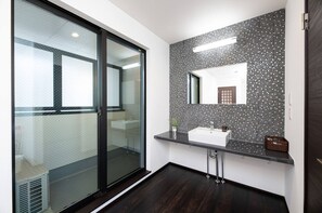 Hair dryer, towels, soap