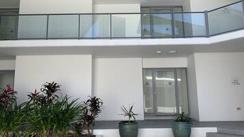 Stunning building with a flat roof and symmetrical facade, featuring a central entrance and a glass balcony above.