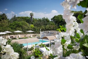Outdoor pool, a heated pool, sun loungers
