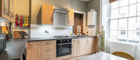 Fridge, microwave, dishwasher, coffee/tea maker