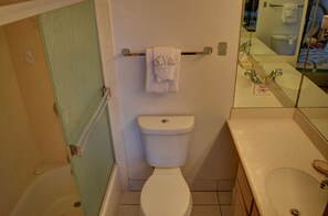 Tina con regadera, secadora de cabello, toallas 