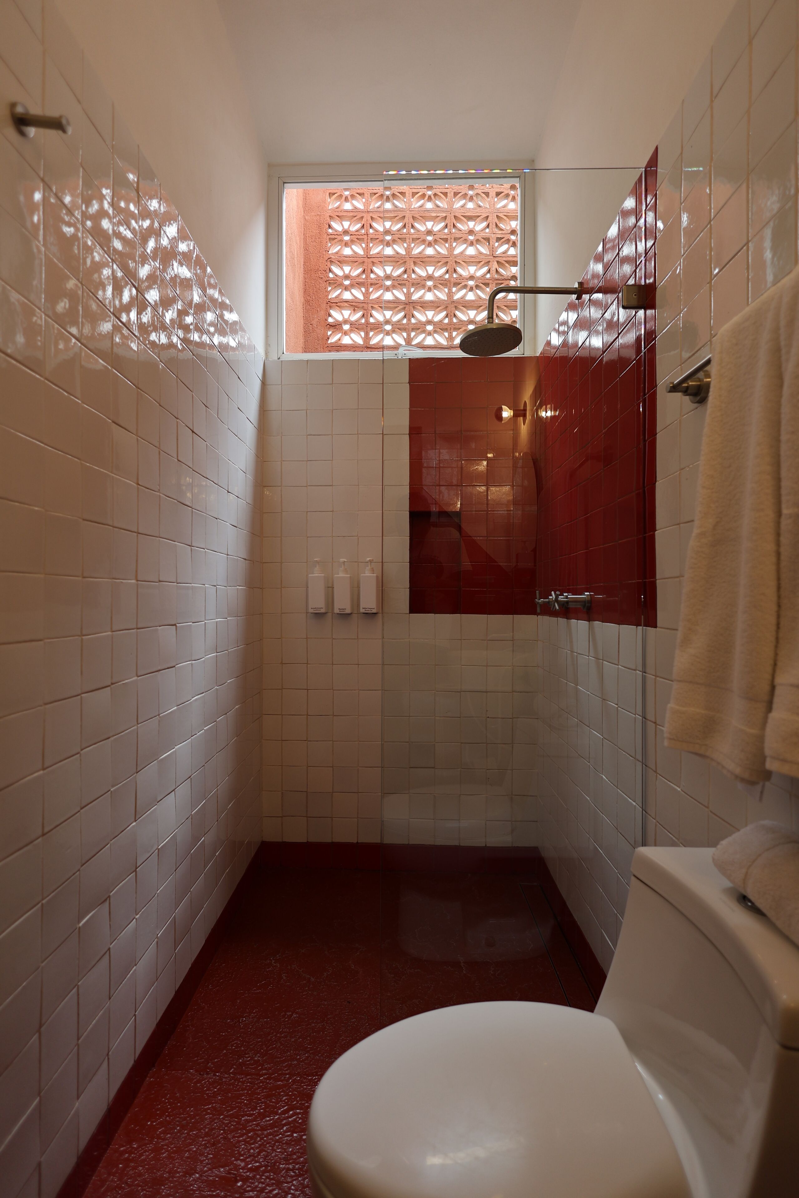 Casa de banho pequena com azulejos brancos e vermelhos, sanita, chuveiro e janela com um painel decorativo.