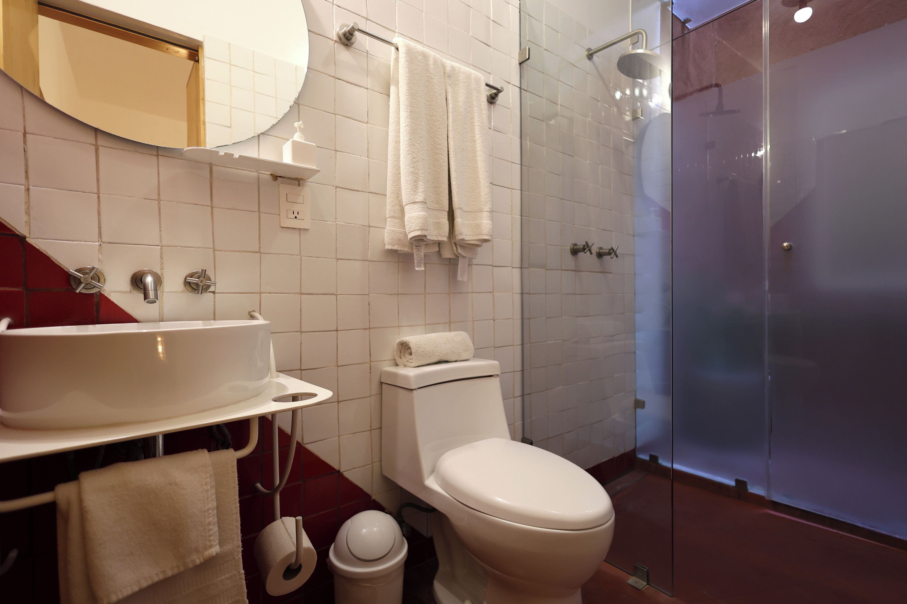 standard double room | bathroom | shower, hair dryer, towels, soap