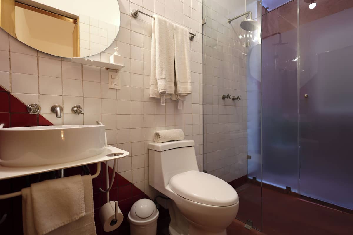 standard double room | bathroom | shower, hair dryer, towels, soap