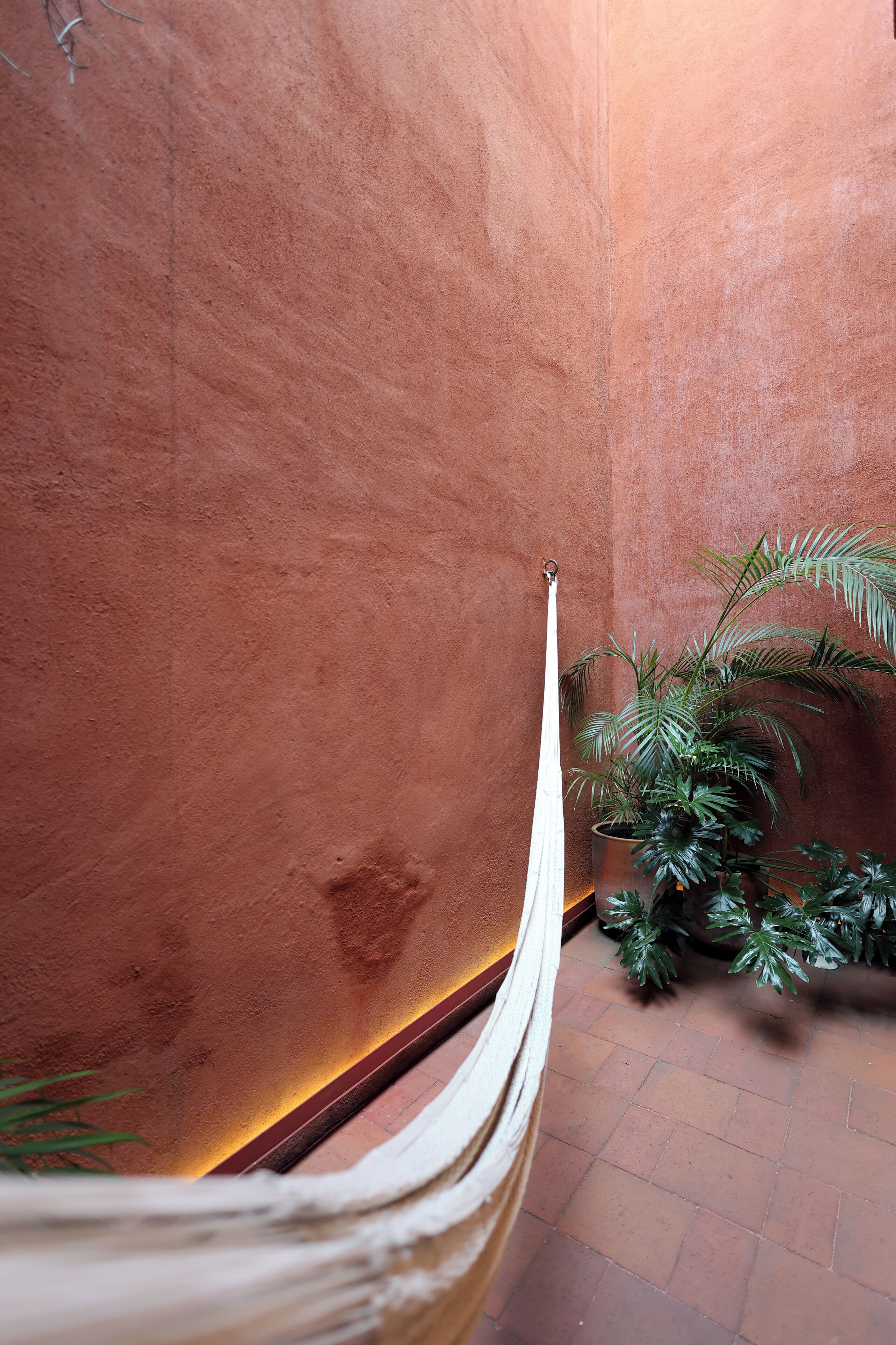 A hammock hanging against a textured wall with a potted plant beside it.