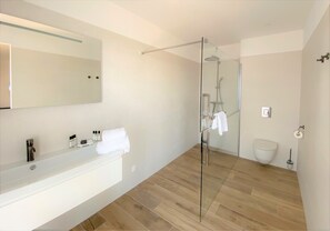 Une salle de bain moderne avec une douche à parois de verre, un meuble-lavabo blanc avec un miroir et des toilettes.