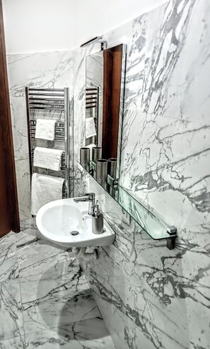 Chuveiro, secador de cabelo, toalhas de banho, sabonete