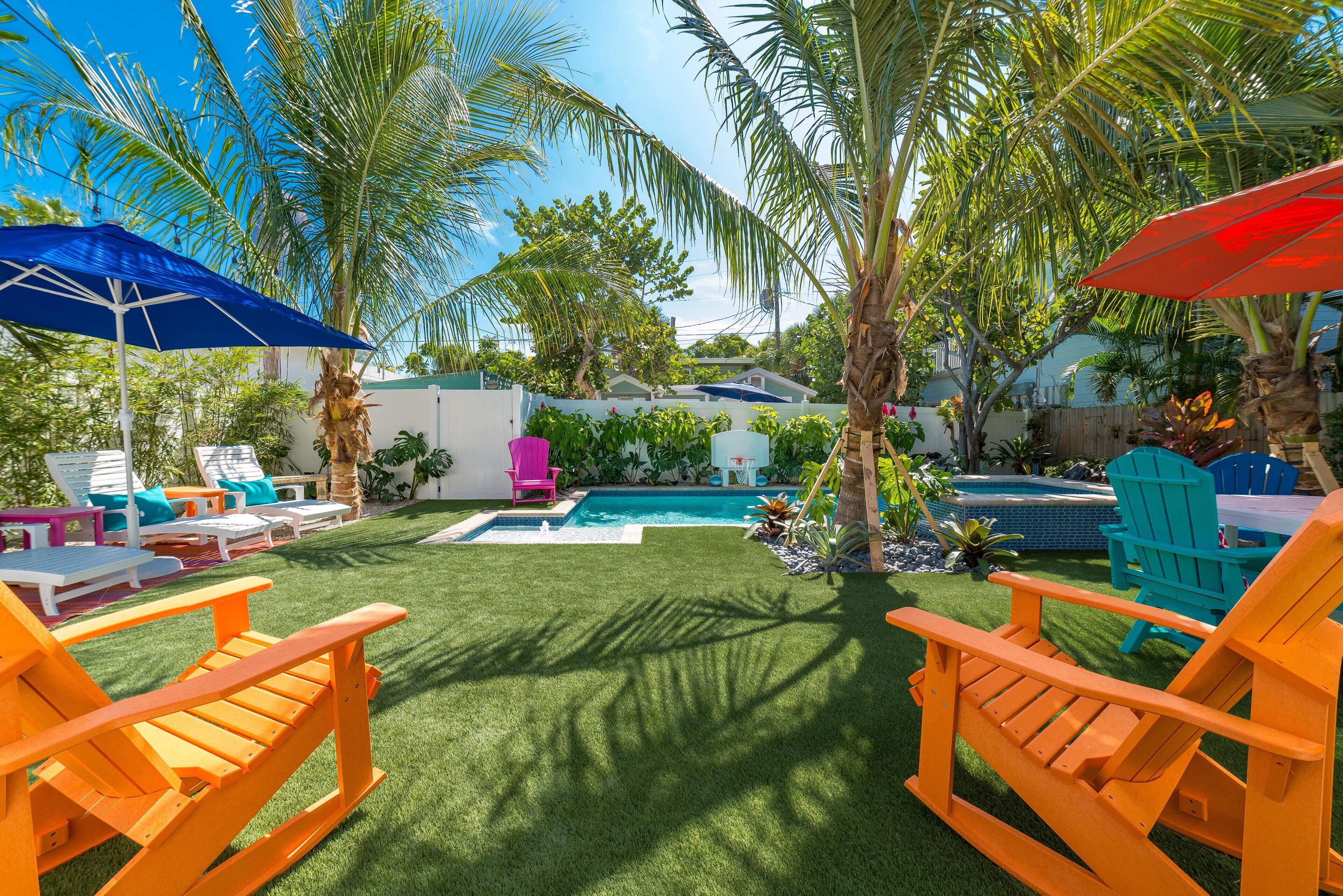 A backyard with a swimming pool, artificial grass, and outdoor furniture.
