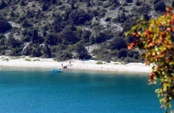 Enjoy a serene coastal scene with a clear blue sea and sandy beach.