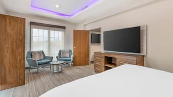 Desk, blackout curtains, soundproofing, iron/ironing board