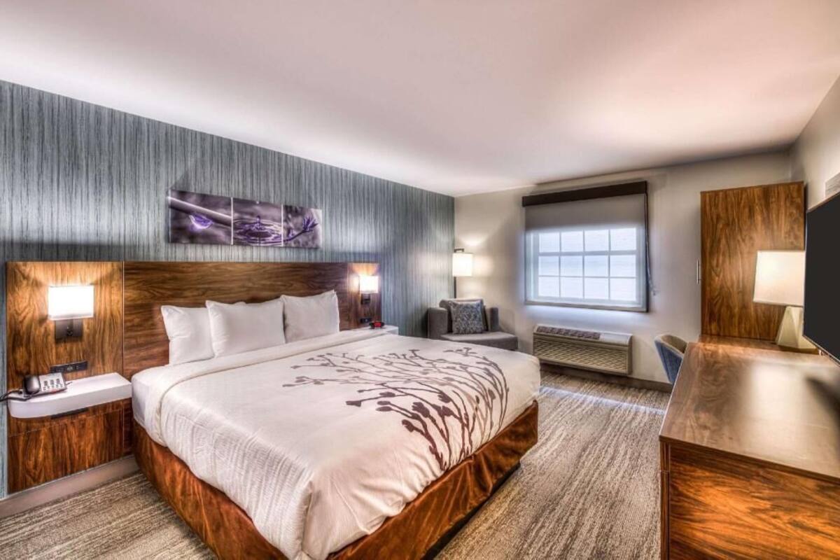 Hotellihuone, jossa on suuri sänky, puinen pääty, seinälle kiinnitetty taideteos, yöpöytä lampun kanssa, työpöytä lampun kanssa ja ikkuna, josta on näkymä.
