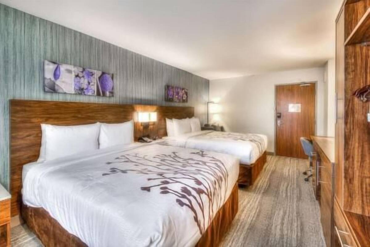 Une chambre d’hôtel avec deux lits, des têtes de lit en bois, un bureau et une armoire.